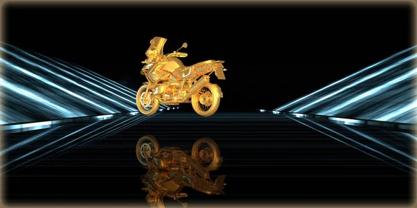 Rendering Golden Object Futuristic Road Dark Background — Stock Photo, Image