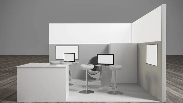 3d rendering of a white exhibition stand with light for different uses and screens