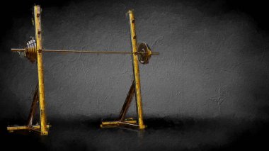 Altın spor salonu ekipman karanlık bir arka plan üzerinde 3D render