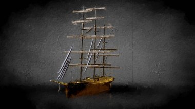 karanlık bir arka plan üzerinde bir altın korsan teknenin 3D render