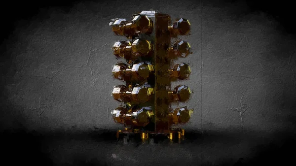 Візуалізація Золотого Тренажерного Обладнання Темному Тлі — стокове фото
