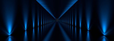 mavi ışıklar ve yansıma ile koyu bir tünel 3D render