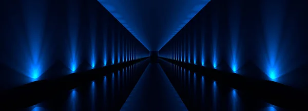 Mavi Işıklar Yansıma Ile Koyu Bir Tünel Render — Stok fotoğraf