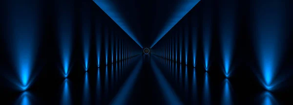 3d rendering of a dark tunnel with blue lights and reflection