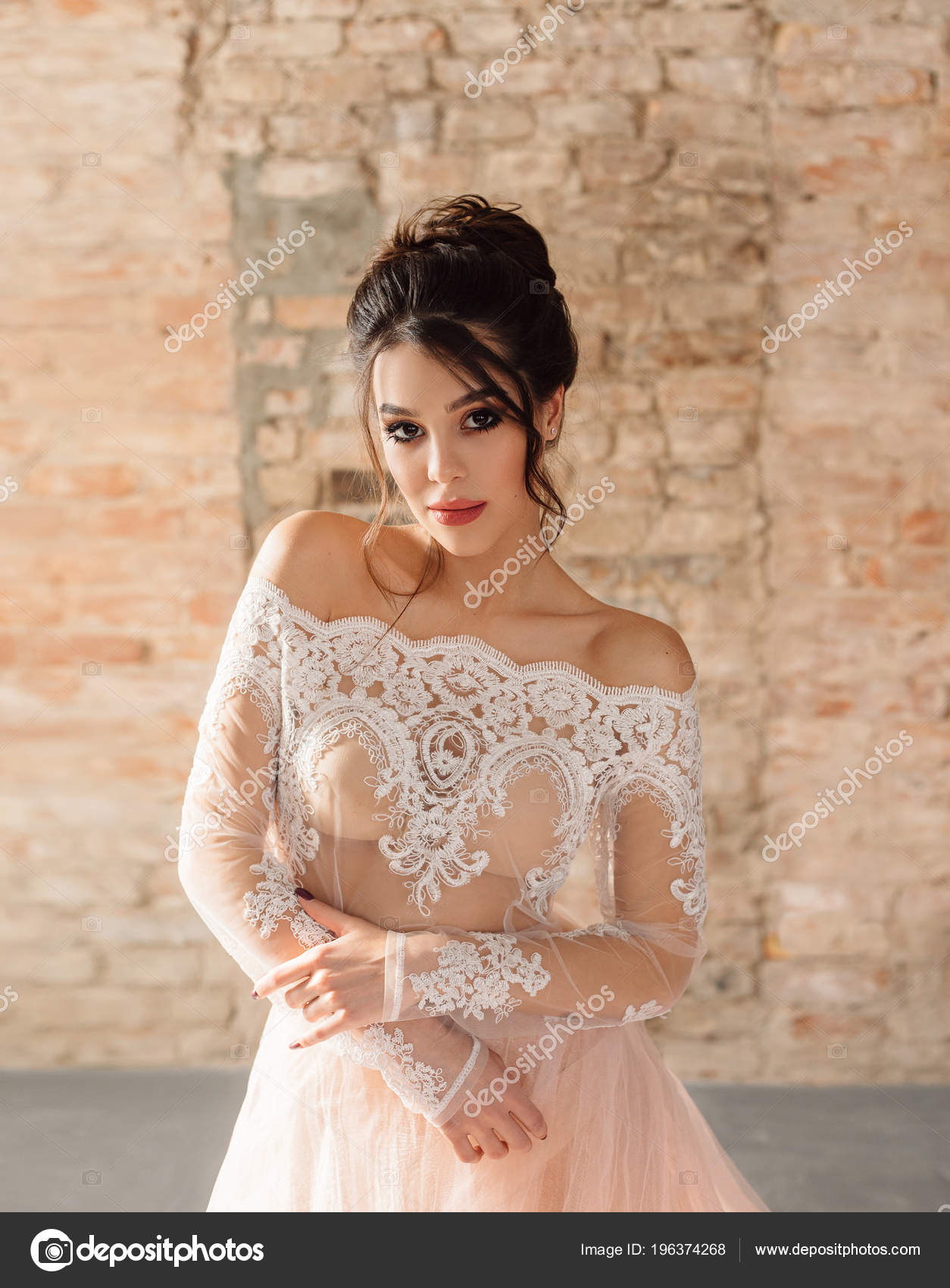 Young Brunette Girl White Lace Top Peach Skirt Background Wall