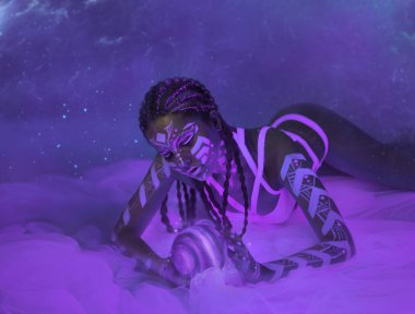 The girl is an alien from another planet. Art on the body fluorescent paints. Photosession with ultraviolet light. Hairstyle with braids. Polynesian culture, the Aztecs. clipart