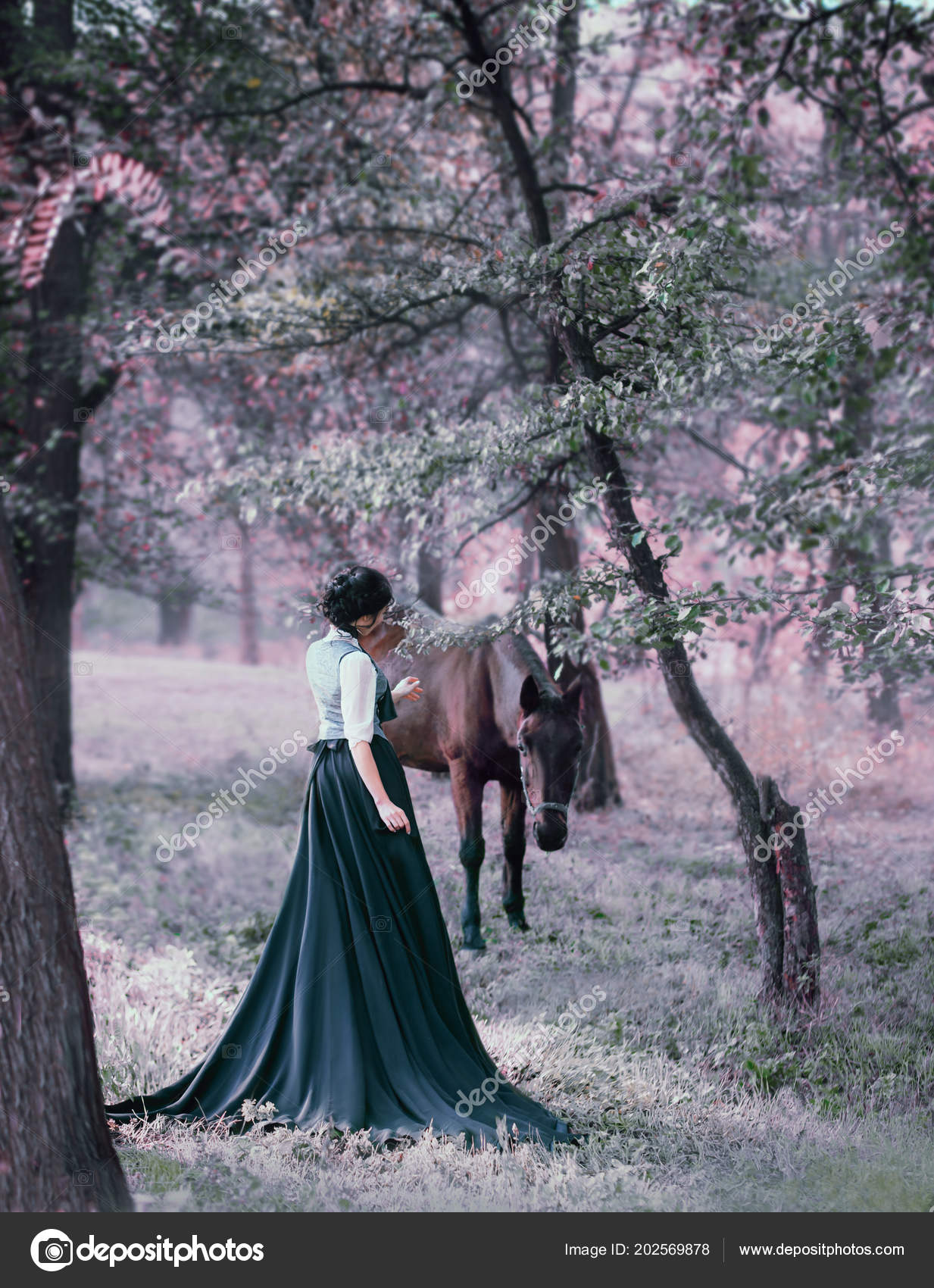 Princess Vintage Dress Long Train Walking Horse Photo Brunette