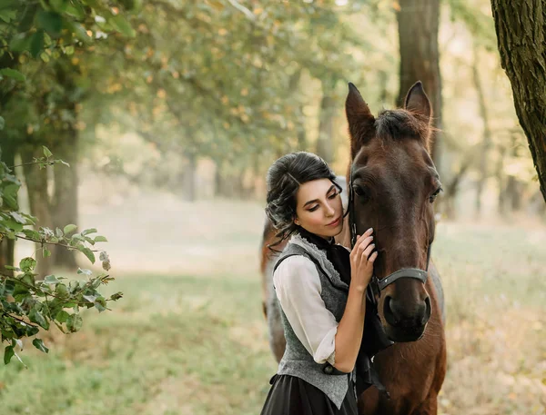 Young Lady Vintage Dress Strolls Forest Her Horse Girl Has — Stock Photo, Image