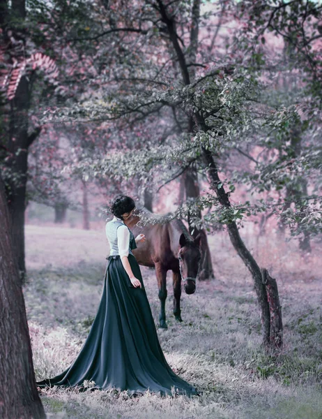 Πριγκίπισσα Ένα Vintage Φόρεμα Έναs Μακρύς Τρένο Περπάτημα Ένα Άλογο — Φωτογραφία Αρχείου