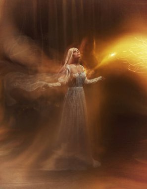 Banshee peri. Soluk kız sarışın, beyaz vintage elbise, sinekler, bir hayalet gibi uzay uçuşu. Ruh dalı. Kız bir kuş, ruhun ayrılması, enerji akışı. Mary Magdalene