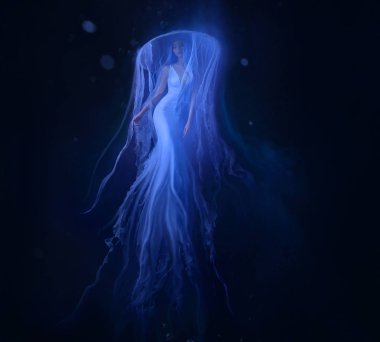 Levitation koyu okyanus tabanında yüzen bir denizanası kız. Bir güzel, beyaz elbise ve şapka hakkında su çırpınan tentacles ile. Uzay, uzaylı oluşturma. Sanat fotoğraf