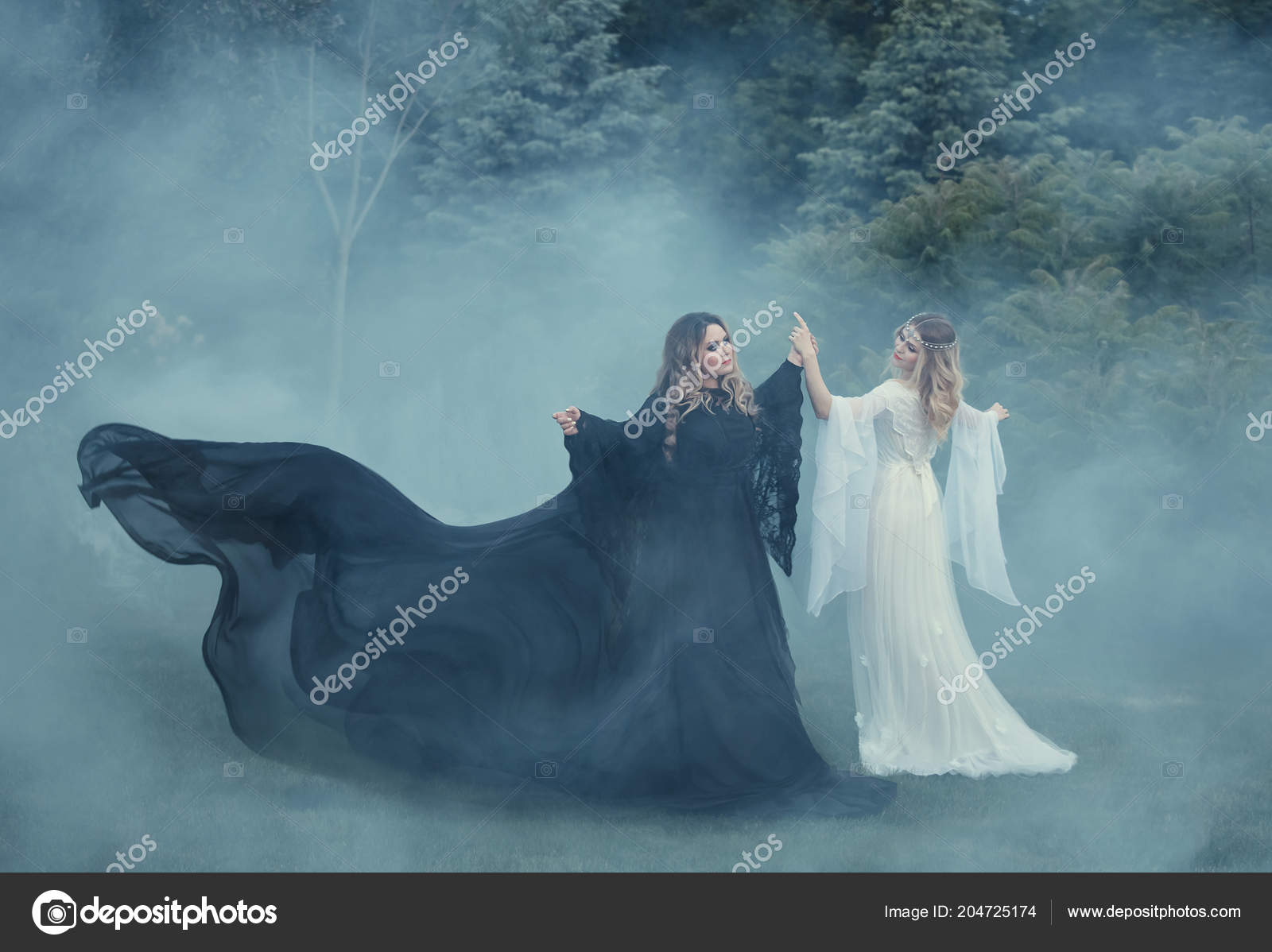 Two Women Yin Yang Fog Dark Magician Meets Light Elf Stock Photo