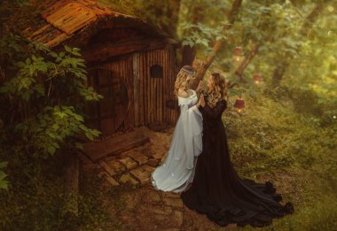 Maleficent hikayesi hikayesi. Karanlık bir büyücü kadın ve Genç, sarışın bir kız. Ahşap ve moss ile küçük bir köyde yaşıyorlar. Masal evi. Vintage elbiseler. Sanatsal işleme.