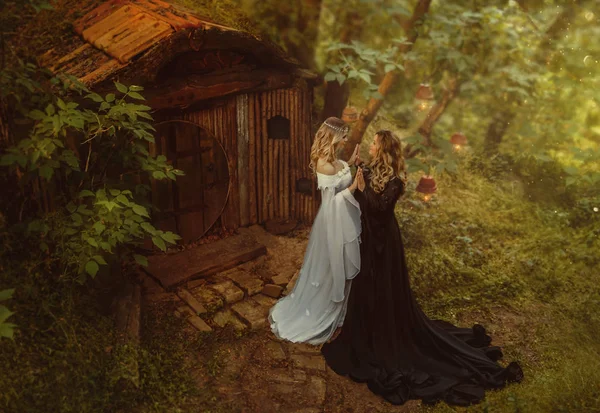 故事的有害 一个黑暗女巫和一个年轻的金发女郎他们住在一间有木头和苔藓的小木屋里 童话之家 老式礼服 艺术加工 — 图库照片