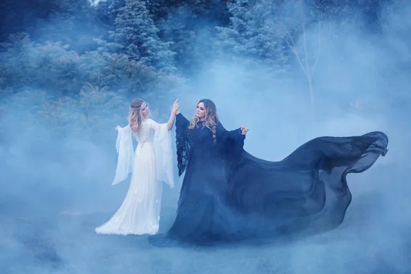 霧の中の二人の女性の陰陽 ブラック マジシャンは 光のエルフ 魔女を満たしています 強大な魔女は森の中で踊っている 自分たちのドレスが風に舞っています 霧に妖精の森林 — ストック写真