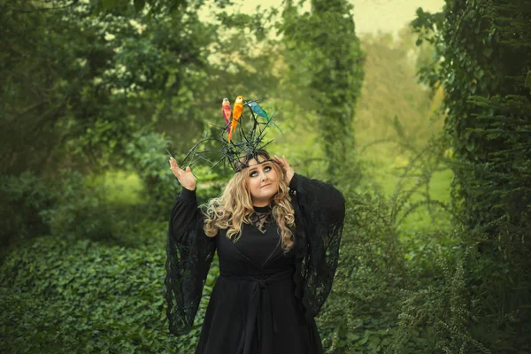 Big Beautiful Young Woman Black Dress Crown Thorns Which Birds — Stock Photo, Image