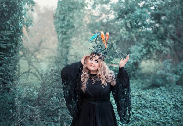 一个穿着黑色连衣裙 戴着荆棘的王冠上戴着长着波浪的鹦鹉的大而漂亮的年轻女子 花园的背景下 树木丛生的常春藤 模型大小为加号 — 图库照片