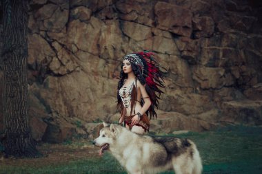 Yerli Kızılderili kadın. Kanyonda, kayaların arasındaki bir avcı bir kurt ile yürür. Kızın Etnik süslemeleri var. Büyük köpek Alaskan Malamute