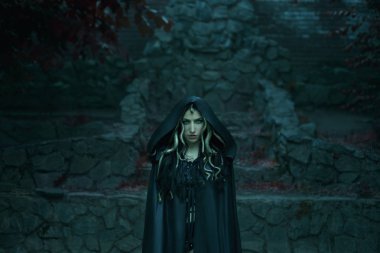 Gorgon Medusa, örgü saç ve altın yılan, yakın çekim portre resim. Gothic makyaj yeşil tonları içinde. Kadının siyah kukuleta ve yağmurluk var. Mistik photosession.