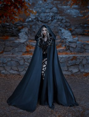 Onun taş tahta ve görkemli bir lonely Island buzlu arka plan üzerinde Medusa Gorgona korkunç ve seksi duruyor. Altın yılan saçlı, yaratıcı Gotik kostüm yerine. Bir fotoğraf çekimi için fikir.