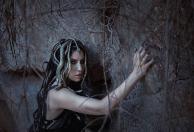 Medusa Gorgona kızı bir güzellik bir yaratığa çevirdi, deniz tanrısı, taş bir adada yaşıyor. Altın yılan saçlı, yaratıcı seksi kostüm yerine. Arka plan taşlar ve kayalar