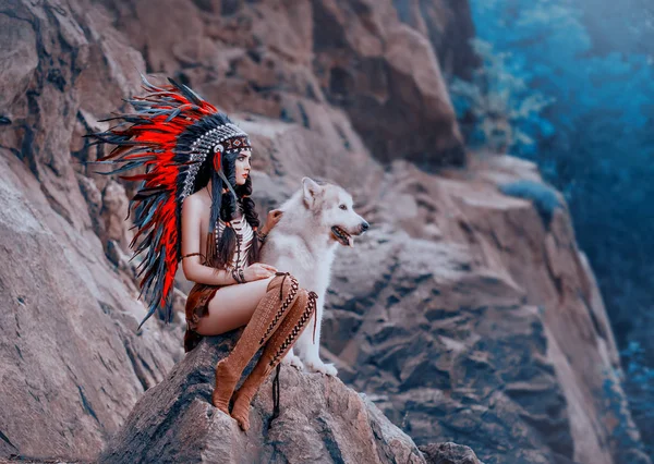 美洲印第安人妇女 女猎手和狼坐在岩石上 看着远处 狗阿拉斯加阿拉斯加 在女孩的珠子 皮革裙 民族饰品 — 图库照片