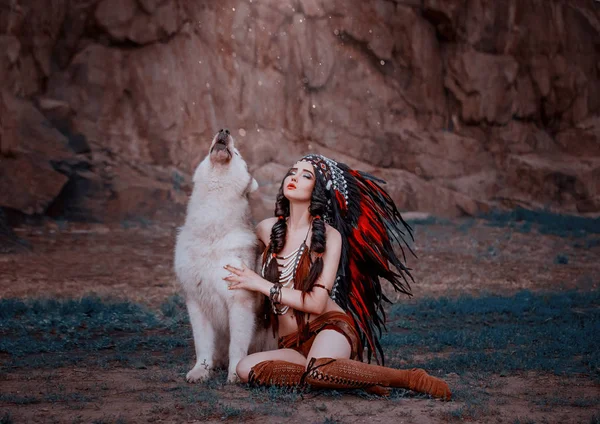 Alas Indígenas Indias Americanas Con Lobo Grito Batalla Fondo Roca — Foto de Stock