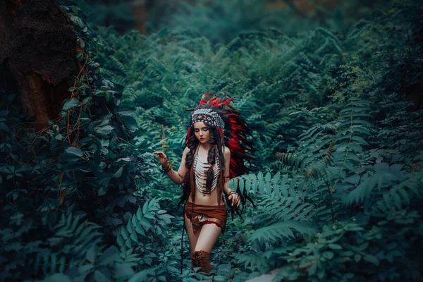 Indios Indios Americanos Caminan Matorrales Oscuras Selvas Princesa Pocahontas Chica — Foto de Stock