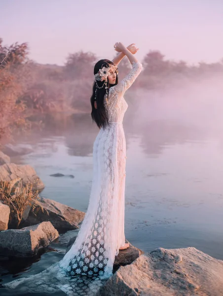 River Nymph White Lace Dress Stands Rock Lake Princess Has — Stock Photo, Image