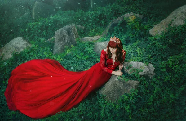 長い列車の豪華な高価な赤いドレスの女王は アイビーの雑木林にあります ゴールド クラウンで赤い髪の少女 背景は 冷たい ジューシーな緑です アート写真 — ストック写真