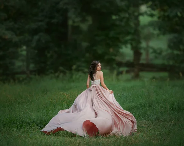 Menina Bonita Vestido Longo Rosado Acenando Corre Para Floresta Menina — Fotografia de Stock