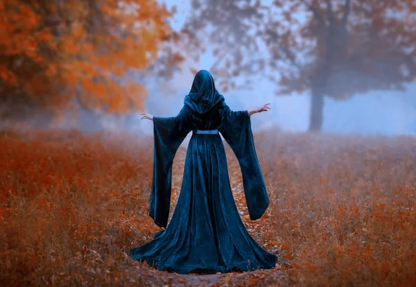 Young Priestess Holds Secret Rite Sacrifice Alone Autumn Forest Large — Stock Photo, Image