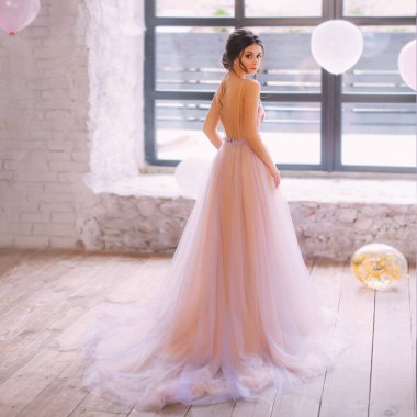 bir tren ve açık arka, bir güzel ihale uzun şeftali ve mor elbise siyah saçlı Genç ve güzel bir Bayan hafif pembe, beyaz ve altın top ile dolu gün ışığı ışınlarının yüzünü döner.