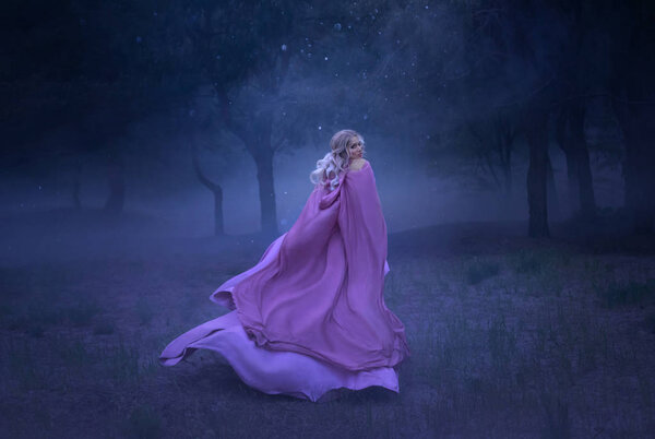 Gorgeous young elf princess with blond hair that flees in a forest full of white mist, dressed in a long, expensive, flying and fluttering purple dress, a photo of a beautiful woman in the moonlight.
