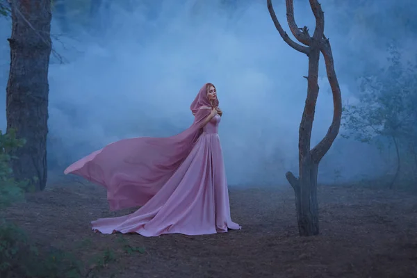 フードと明るいフードを保持高価な豪華な長く柔らかいピンクのドレスに身を包んだ ブロンドの髪と素晴らしい薬草魔女少女が単独で霧の暗い森の中 — ストック写真