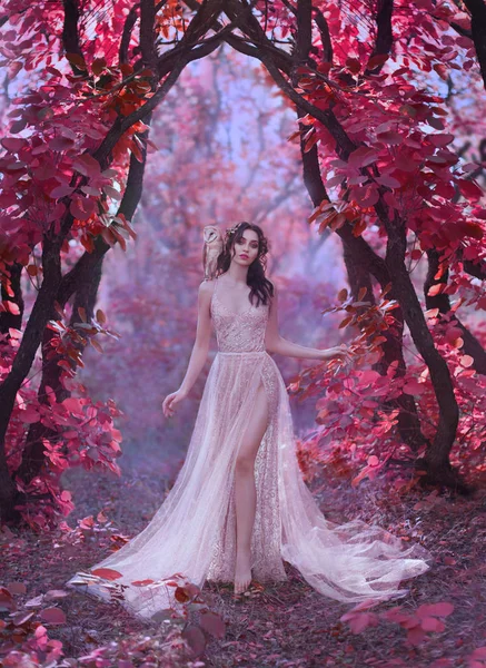 Таинственная Привлекательная Леди Длинном Светлом Роскошном Платье Волшебном Розовом Лесу — стоковое фото