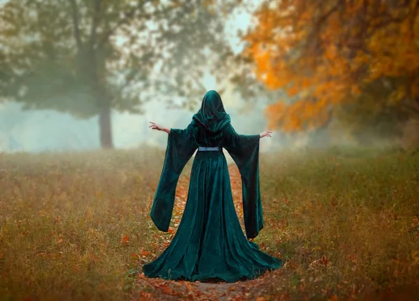 Jonge priesteres heeft een geheime rite van offer, is alleen in de herfst bos op een grote glade met gevallen oranje bladeren. een vrouw zegt een gebed, volgt de geesten. kunst foto zonder een gezicht — Stockfoto
