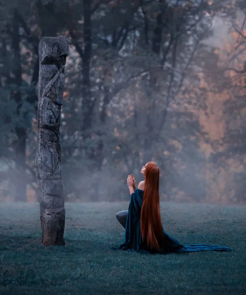 Jovem fada veio a adorar a grande pedra sagrada velha, vestida com um incrível veludo azul vestido de manto, ajoelhado no meio de uma floresta congelada, coberto com geada. foto de arte em cores frias — Fotografia de Stock