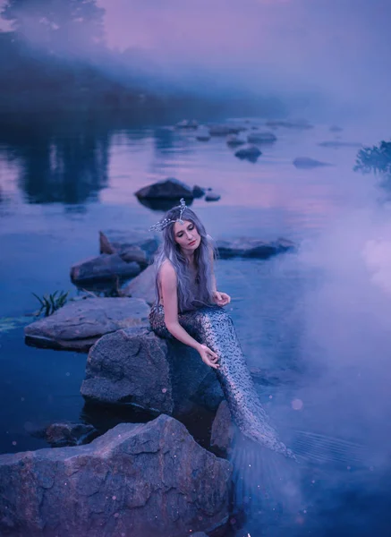 Aantrekkelijke slanke zeemeermin zit op de rotsen bij de rivier in een dikke paarse blauwe magische mist, borstels van haar lange staart en schalen, de fin duikt in het water, een prachtige krans van schelpen op haar hoofd — Stockfoto