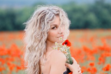 bir haşhaş alanında, pozitif parlak fotoğraf poz çıplak bir omuz ile sarışın kız kameraya dönüm çekici hanım harika kahverengi gözlü hafif bir gülümseme ile kameraya bakıyor