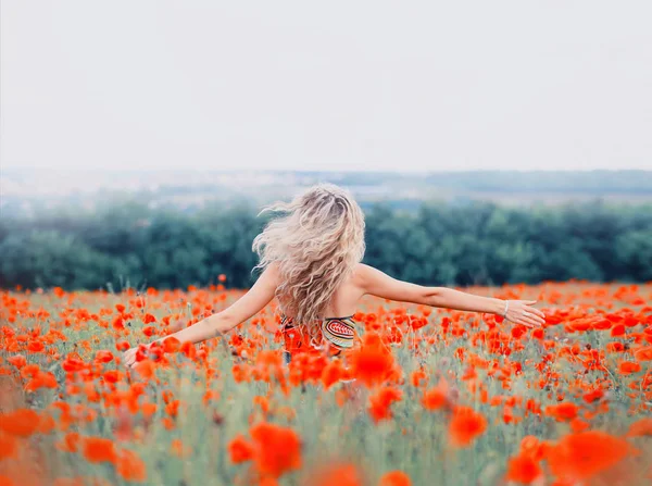 Blondine tanzt allein in einem riesigen Mohnfeld, genießt einen sonnigen Tag, öffnet die Arme, um die ganze Welt zu umarmen, ein positives, helles Foto von hinten ohne Gesicht mit herrlichem Blick in kalten Farben — Stockfoto