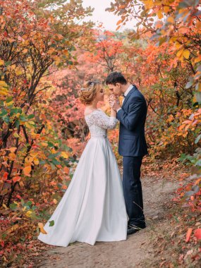 İnanılmaz çekici genç çift düğün günü. zarif beyaz uzun elbise ve mavi buketi Gelin elinde, mavi moda iş takım elbiseli damat onu tatlı kızın ellerini öper.