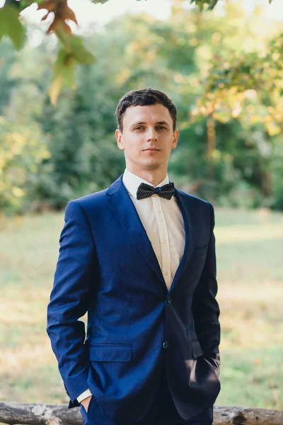 A cute young and attractive groom, dressed in a blue wedding strict fashionable stylish suit and a black bow tie, has dark short hair and kind soft features, stands near the lawn in the park — Stock Photo, Image