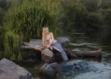 efsanevi çekici siren, pullarla kaplı uzun bir kuyruk ile deniz prenses bir çelenk kabukları ile yeşil çim, su ile bir yüzgeç, parlak renkler içinde belgili tanımlık fotoğraf dalgalar tarafından nehre çalış