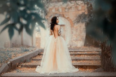 gizemli bir esmer kız açık bir sırt ve çıplak bir omuz ile uzun zarif altın elbiseli tek başına duruyorsa, muhteşem Cinderella kaçar topu, gurur bir bak, soğuk renkler