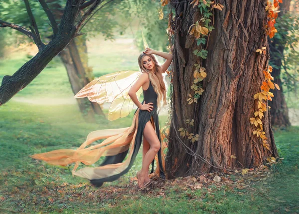 Mild tjej med blont hår poserar för kameran i skogen, underbara Saga fairy med genomskinliga vingar i långa gröna klänning med flygande split train, mytisk varelse, ande. gratis spase för text — Stockfoto