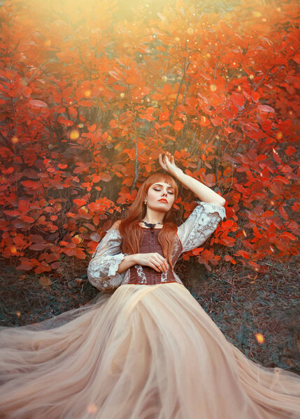 warm art photo of sleeping beauty, girl with fiery red hair lies on ground in dense forest under orange leaves in bright yellow sunlight, wonderful enchanted princess, new story about Snow White