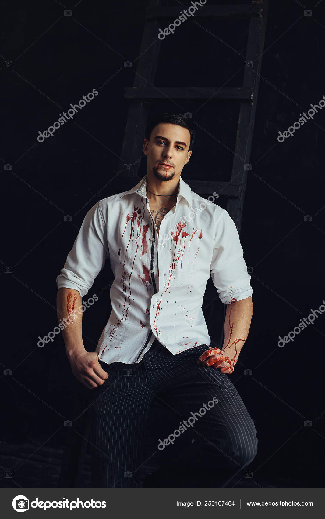 Hot Sexy Man With Dark Hair And Eyes Guy In White Bloody