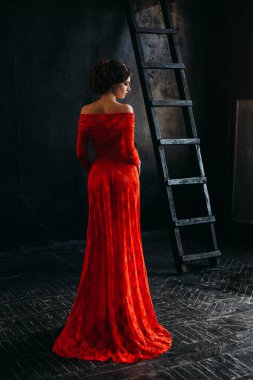 Siyah saçlı toplanan vampirler, arka kamera ile açık bir omuz ile güzel uzun kırmızı elbise hikayesi şeytan, profesyonel makyaj sanatçısı, kanlı önce günaha güzel gurur Bayan