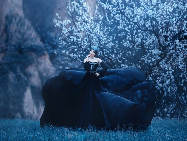Regina della notte in lussuoso abito nero con lungo treno volante, signora con trucco scuro, metallo gioielli freddi e corona, misteriosa sacerdotessa vicino albero in fiore, cupa immagine gotica di meduse — Foto Stock